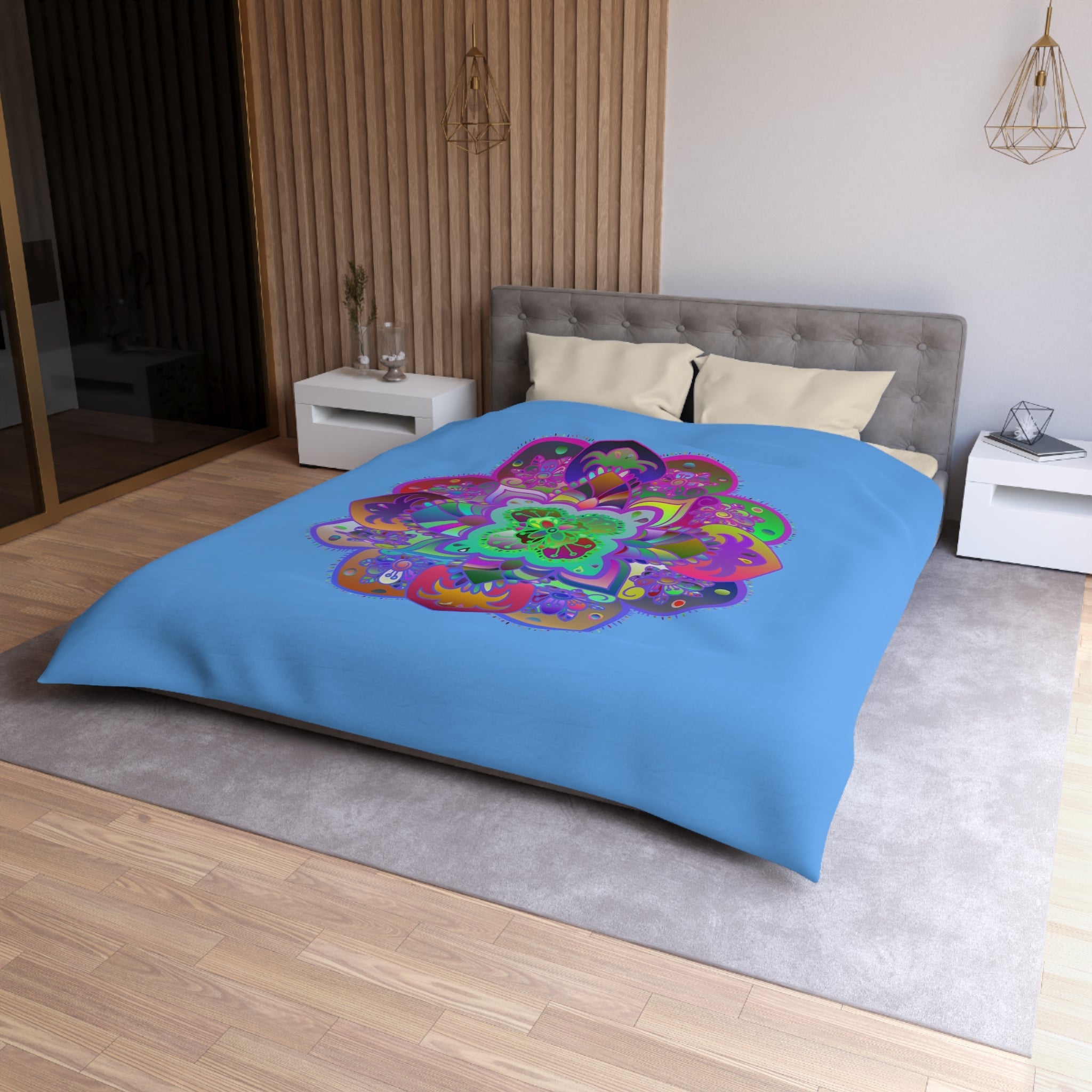 Microfiber Duvet Cover Mandala Art Drawn by Hand - Colorful Mandala on Light Blue background - Blululi