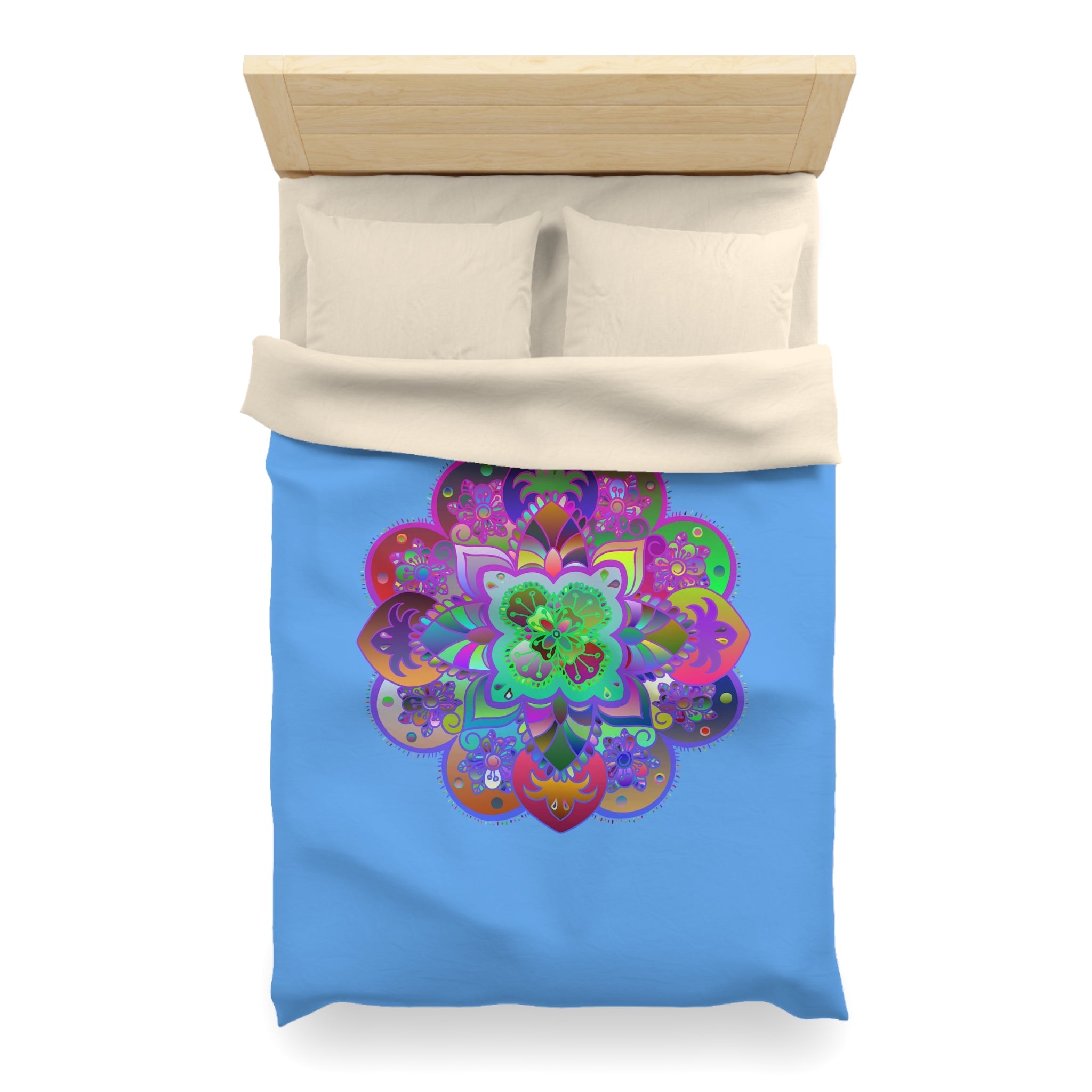 Microfiber Duvet Cover Mandala Art Drawn by Hand - Colorful Mandala on Light Blue background - Blululi