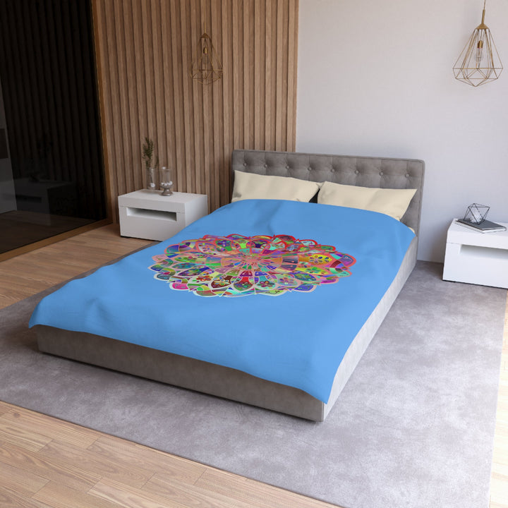 Microfiber Duvet Cover Mandala Art Drawn by Hand - Colorful Mandala on Light Blue background - Blululi