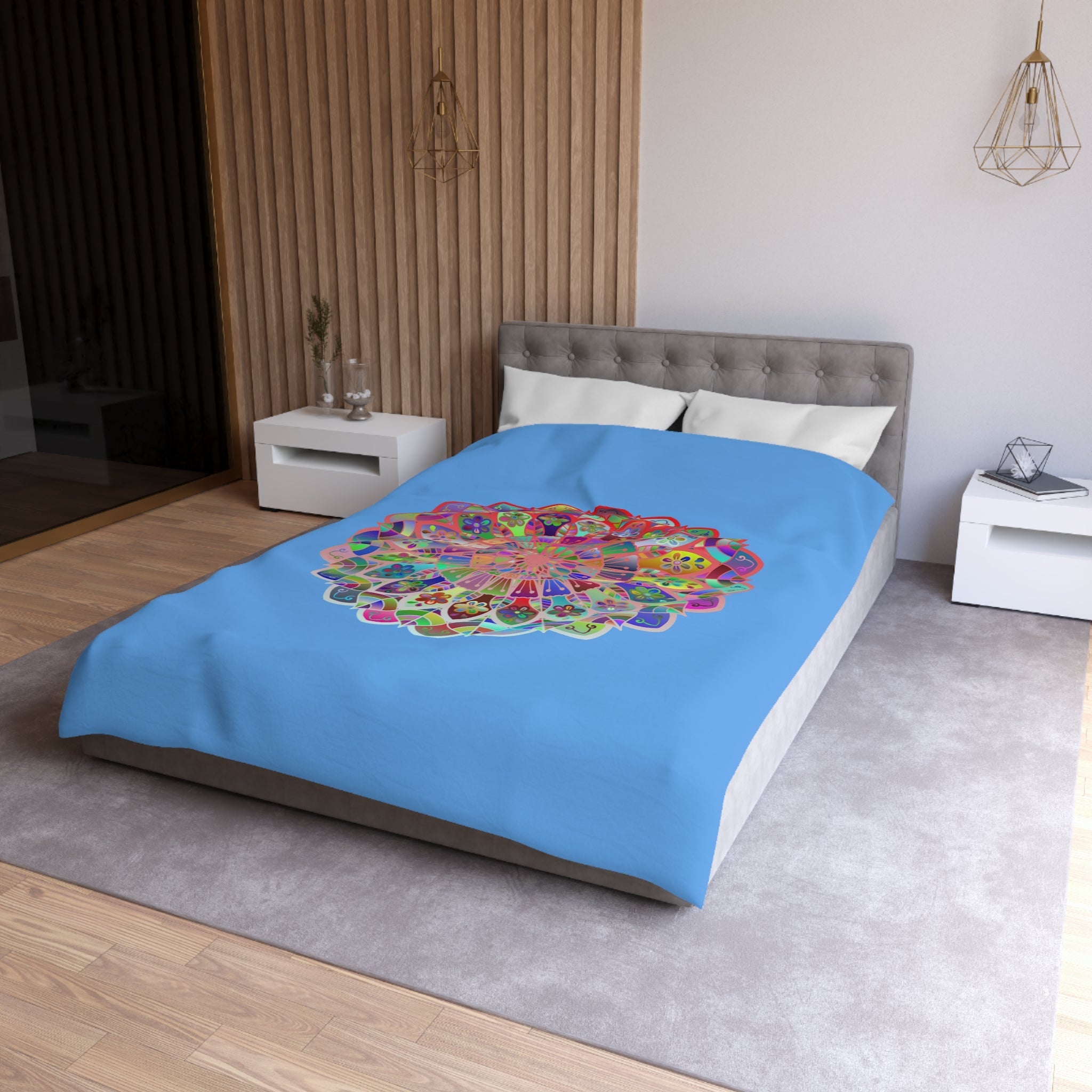 Microfiber Duvet Cover Mandala Art Drawn by Hand - Colorful Mandala on Light Blue background - Blululi