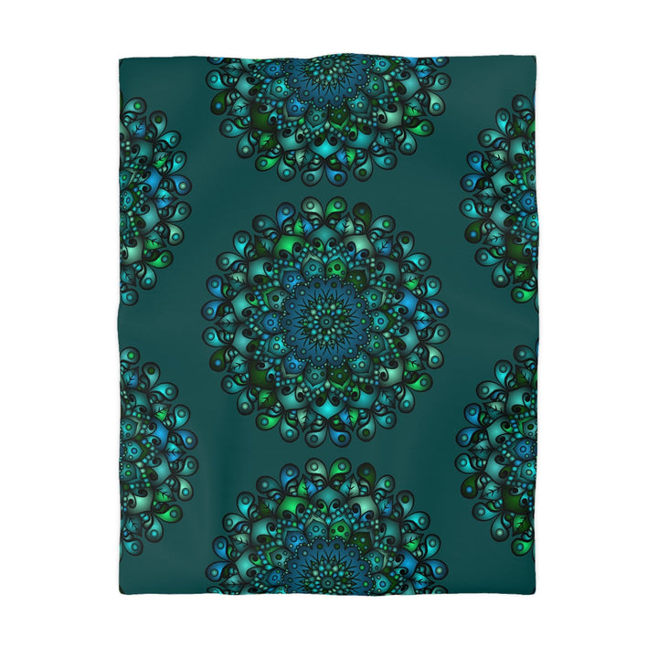 Microfiber Duvet Cover Mandala Art Drawn by Hand - Green Mandala on Dark Petroleum Green background - Blululi