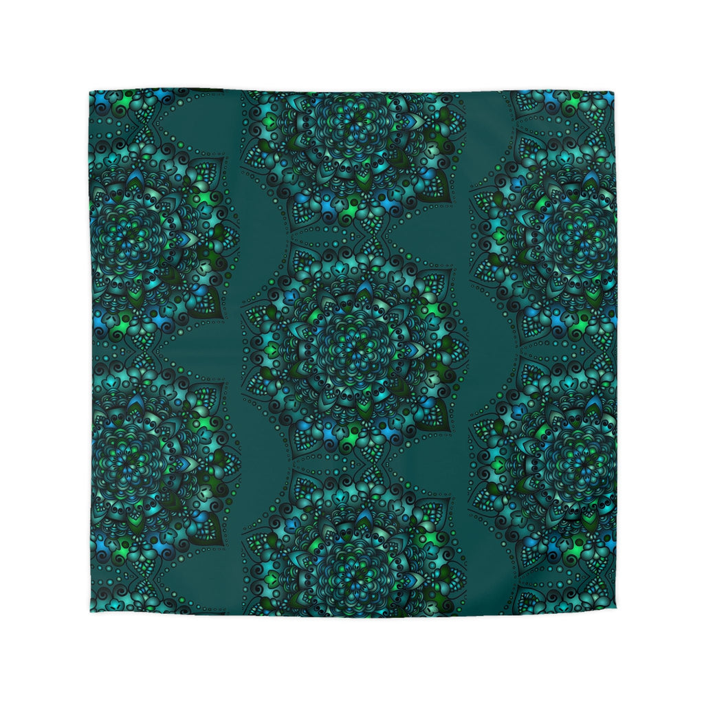 Microfiber Duvet Cover Mandala Art Drawn by Hand - Green Mandala on Dark Petroleum Green background - Blululi