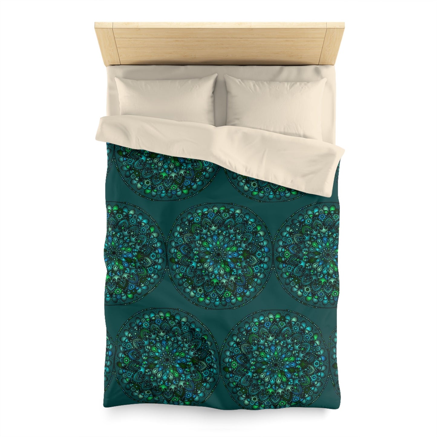 Microfiber Duvet Cover Mandala Art Drawn by Hand - Green Mandala on Dark Petroleum Green background - Blululi