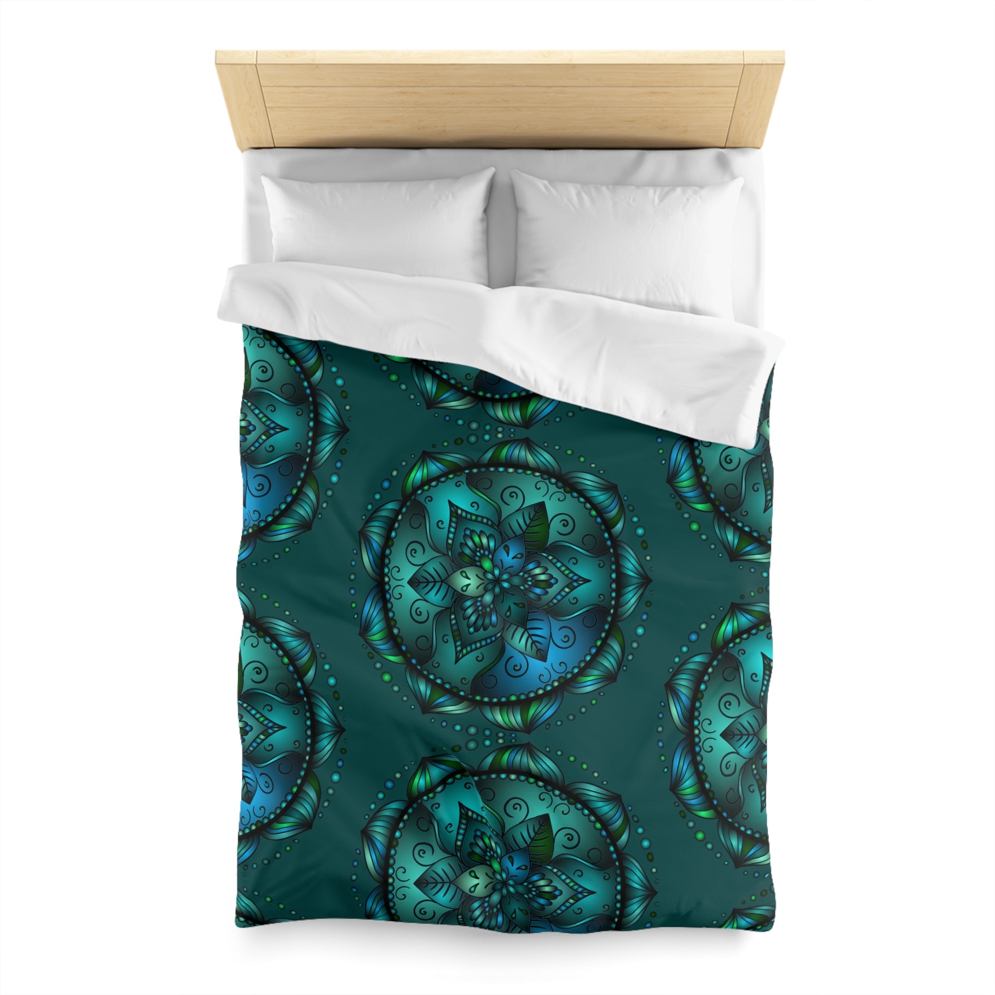 Microfiber Duvet Cover Mandala Art Drawn by Hand - Green Mandala on Dark Petroleum Green background - Blululi