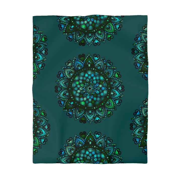 Microfiber Duvet Cover Mandala Art Drawn by Hand - Green Mandala on Dark Petroleum Green background - Blululi