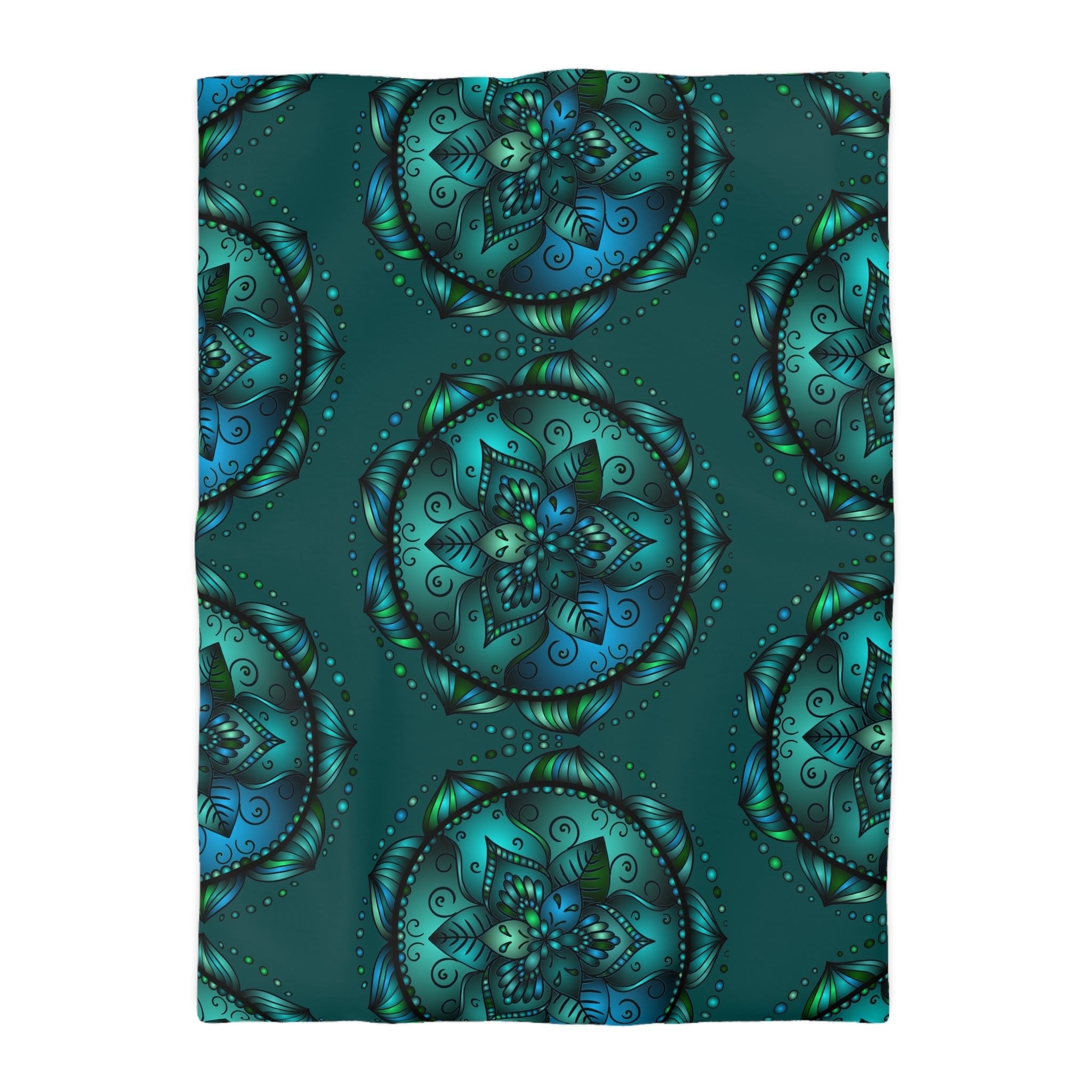 Microfiber Duvet Cover Mandala Art Drawn by Hand - Green Mandala on Dark Petroleum Green background - Blululi