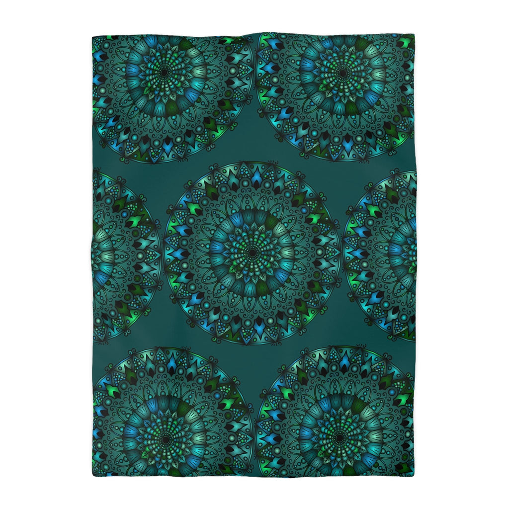 Microfiber Duvet Cover Mandala Art Drawn by Hand - Green Mandala on Dark Petroleum Green background - Blululi