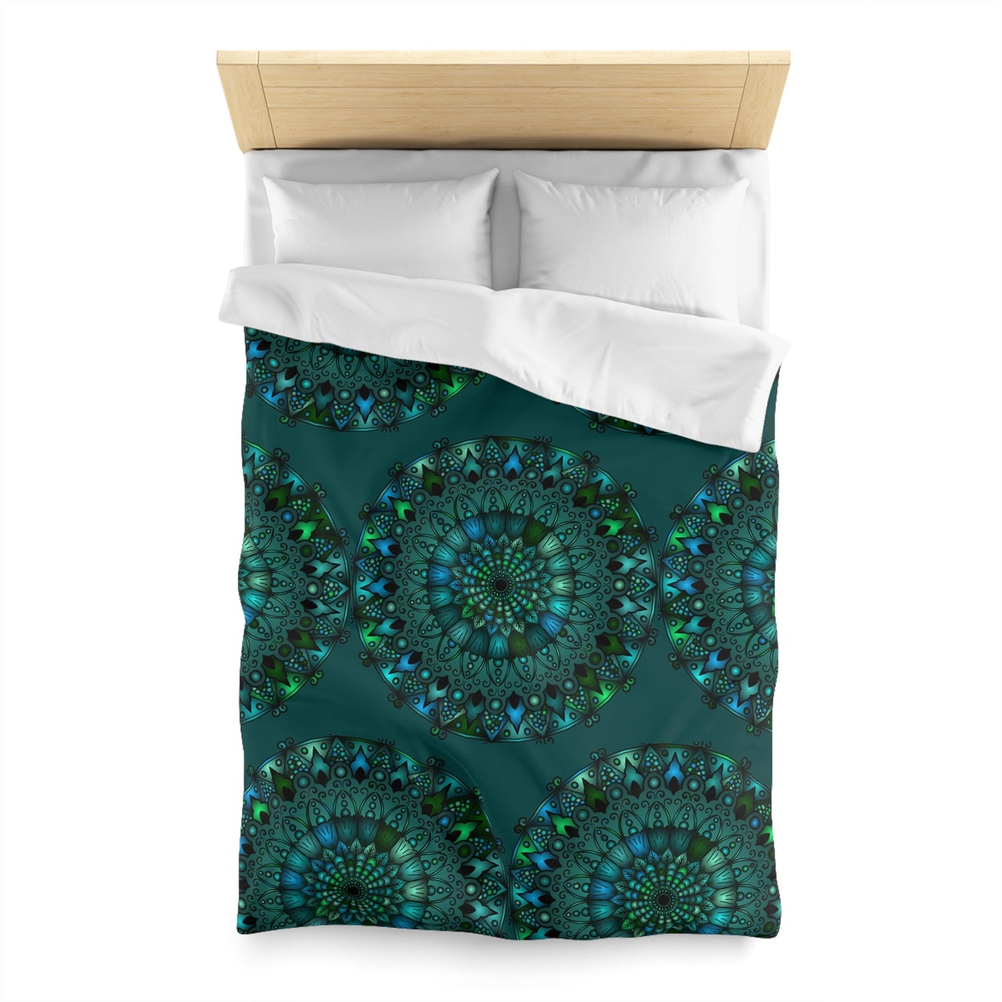 Microfiber Duvet Cover Mandala Art Drawn by Hand - Green Mandala on Dark Petroleum Green background - Blululi