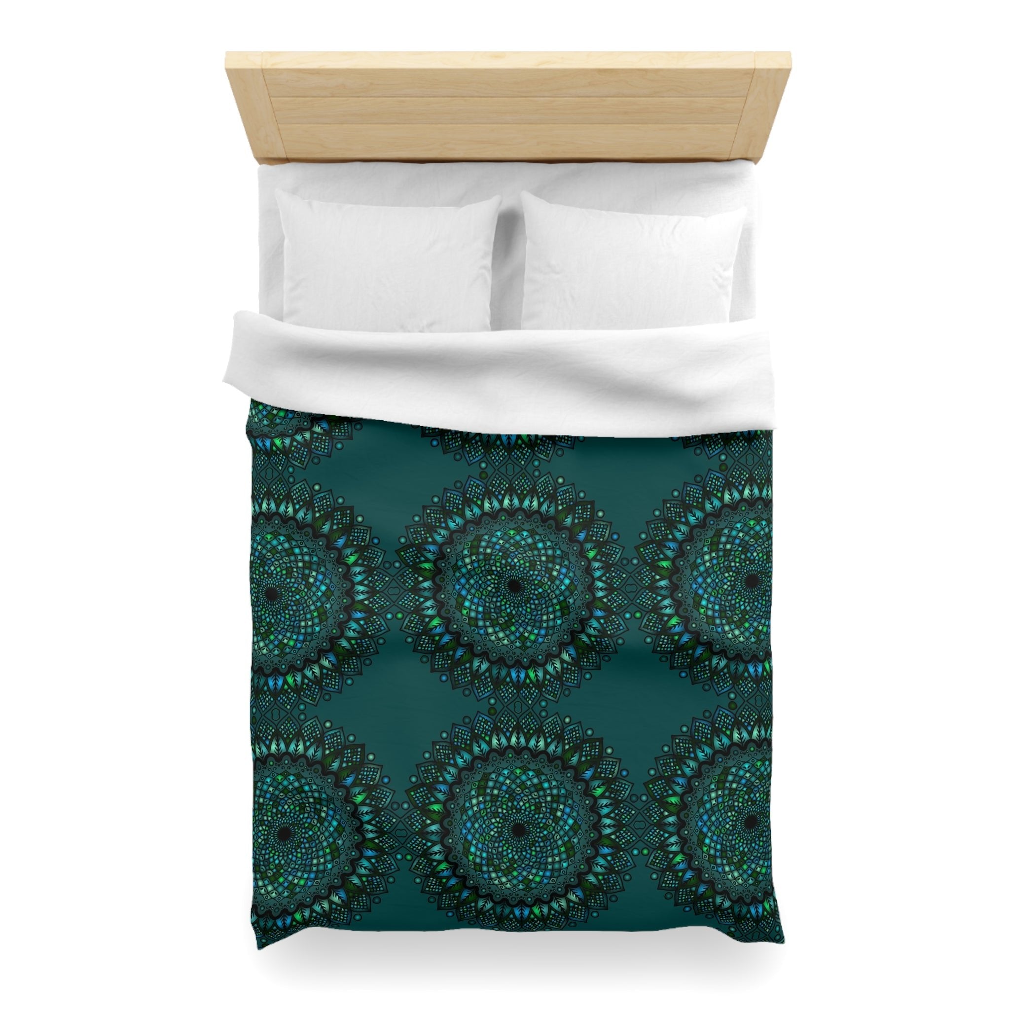 Microfiber Duvet Cover Mandala Art Drawn by Hand - Green Mandala on Dark Petroleum Green background - Blululi