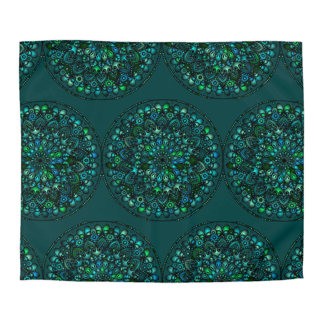 Microfiber Duvet Cover Mandala Art Drawn by Hand - Green Mandala on Dark Petroleum Green background - Blululi