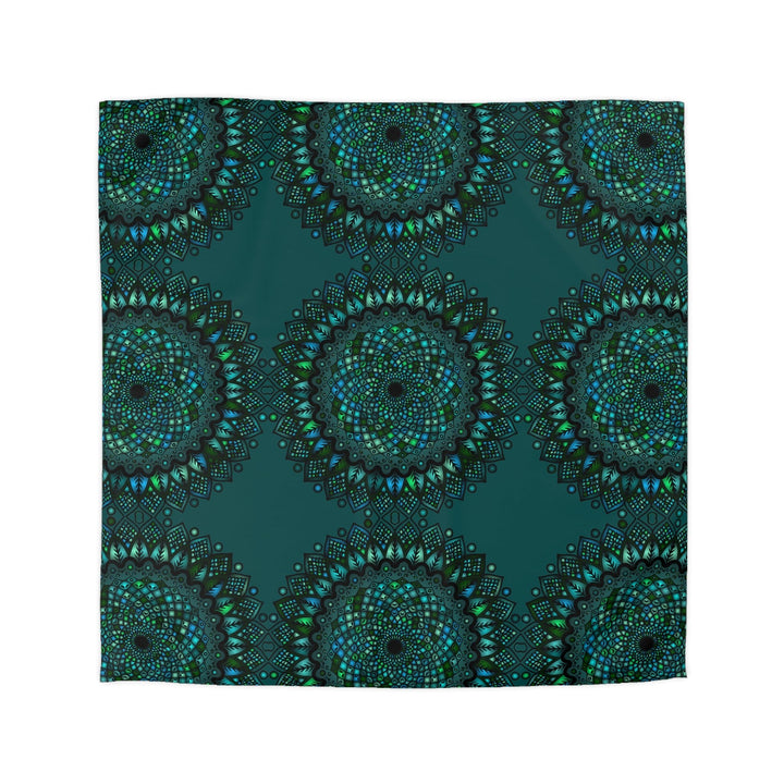 Microfiber Duvet Cover Mandala Art Drawn by Hand - Green Mandala on Dark Petroleum Green background - Blululi