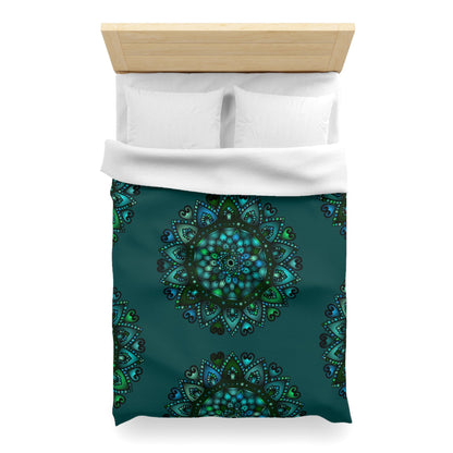 Microfiber Duvet Cover Mandala Art Drawn by Hand - Green Mandala on Dark Petroleum Green background - Blululi