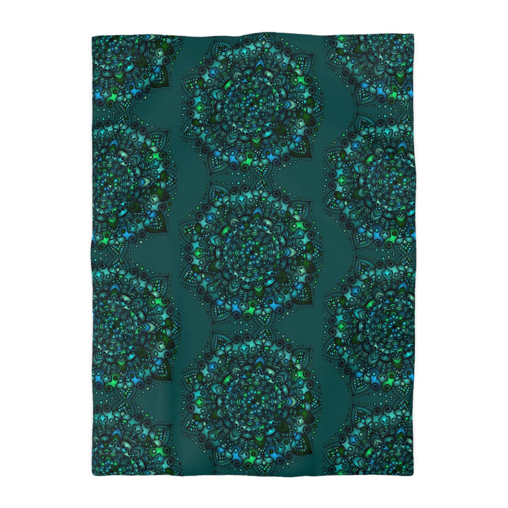 Microfiber Duvet Cover Mandala Art Drawn by Hand - Green Mandala on Dark Petroleum Green background - Blululi