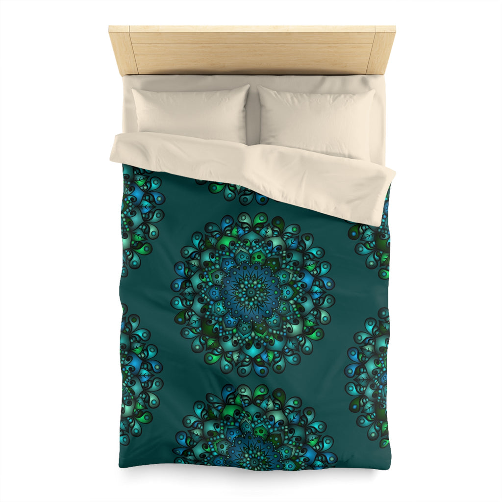 Microfiber Duvet Cover Mandala Art Drawn by Hand - Green Mandala on Dark Petroleum Green background - Blululi