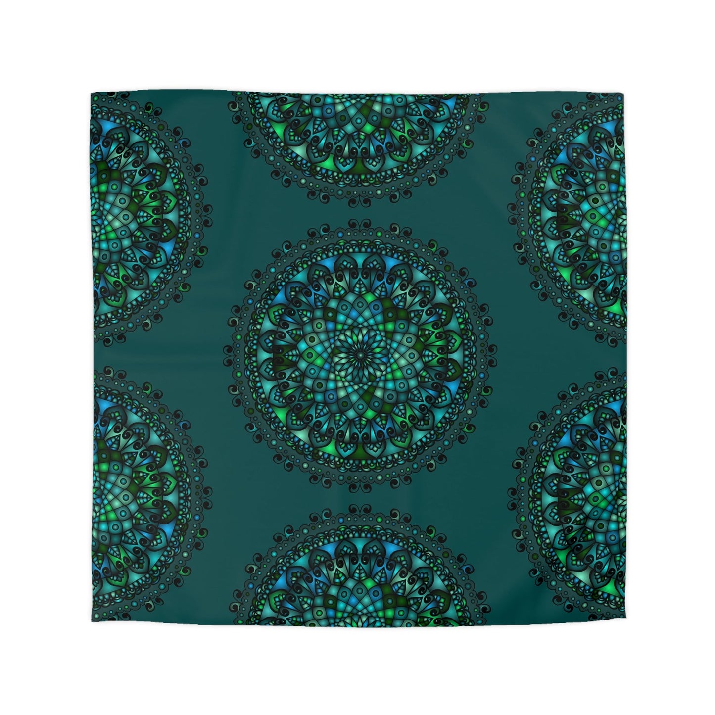 Microfiber Duvet Cover Mandala Art Drawn by Hand - Green Mandala on Dark Petroleum Green background - Blululi