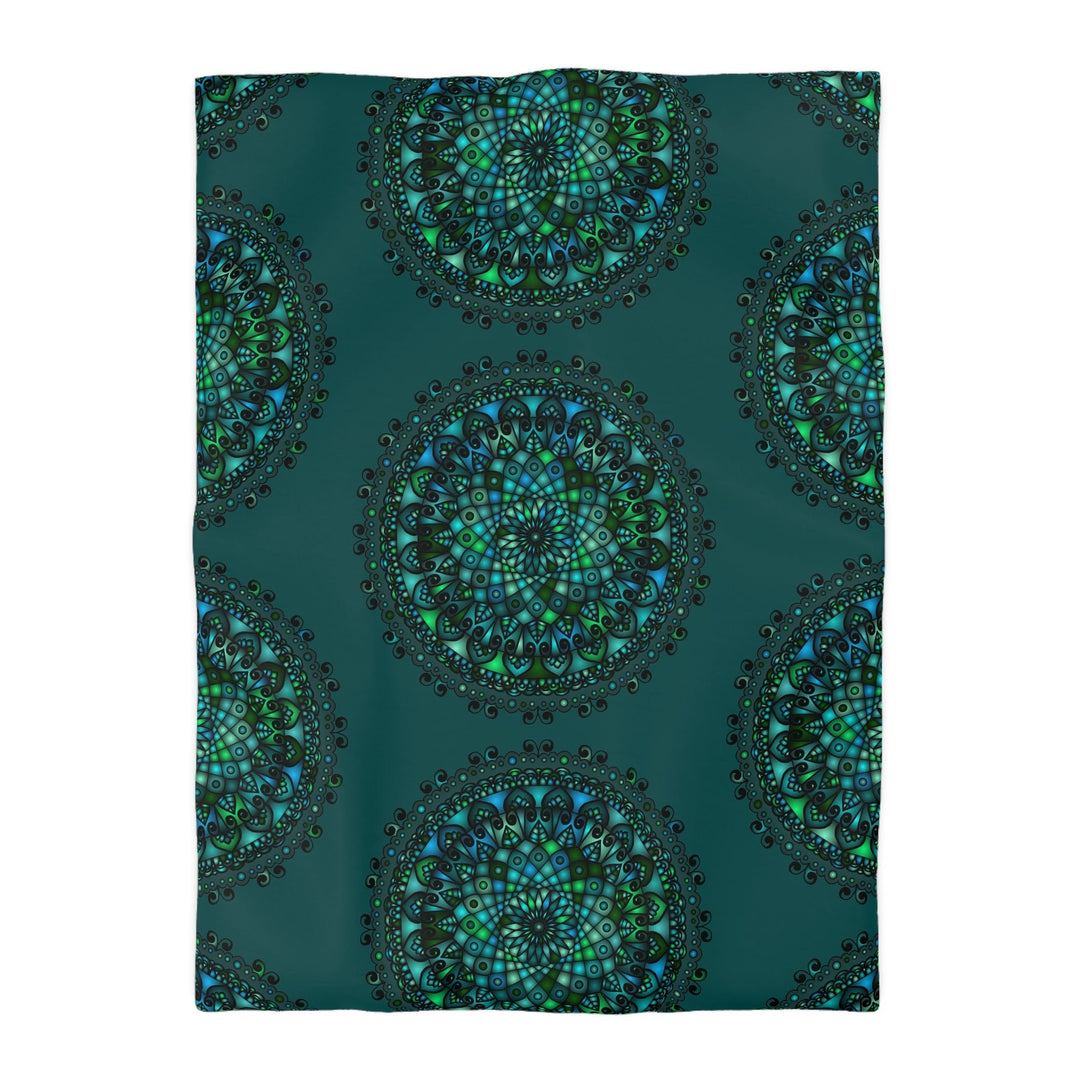 Microfiber Duvet Cover Mandala Art Drawn by Hand - Green Mandala on Dark Petroleum Green background - Blululi