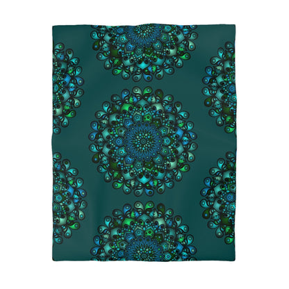 Microfiber Duvet Cover Mandala Art Drawn by Hand - Green Mandala on Dark Petroleum Green background - Blululi