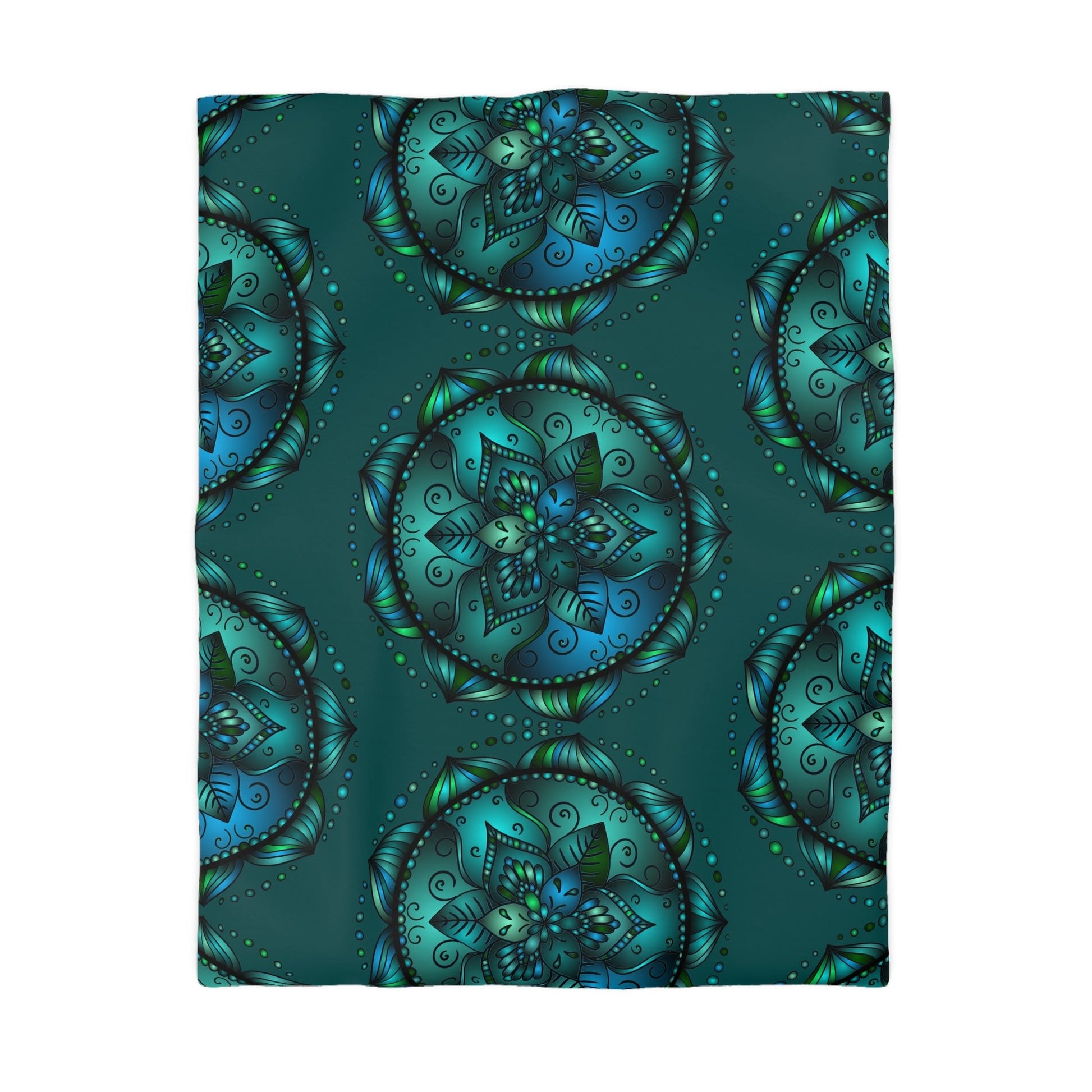 Microfiber Duvet Cover Mandala Art Drawn by Hand - Green Mandala on Dark Petroleum Green background - Blululi