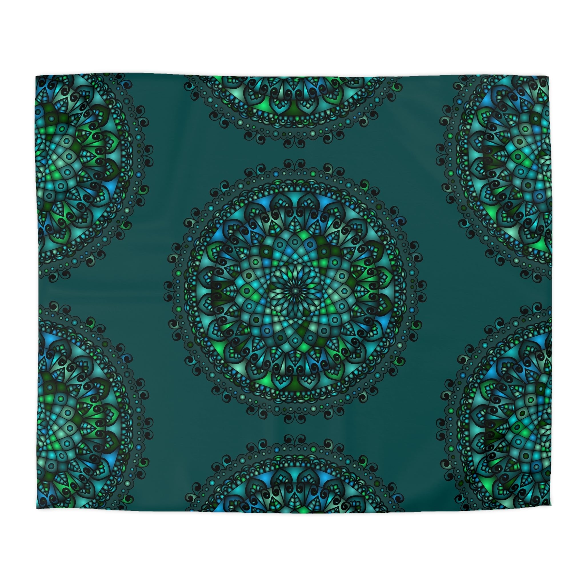 Microfiber Duvet Cover Mandala Art Drawn by Hand - Green Mandala on Dark Petroleum Green background - Blululi