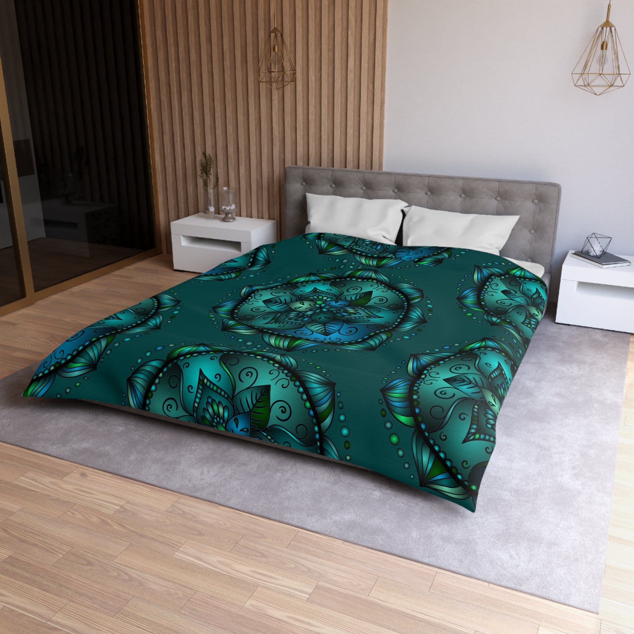 Microfiber Duvet Cover Mandala Art Drawn by Hand - Green Mandala on Dark Petroleum Green background - Blululi