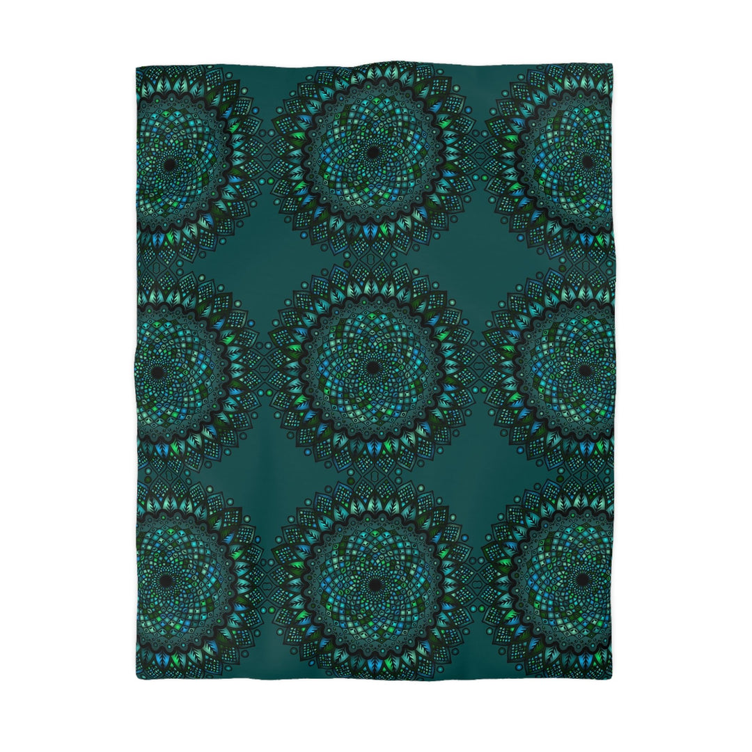 Microfiber Duvet Cover Mandala Art Drawn by Hand - Green Mandala on Dark Petroleum Green background - Blululi