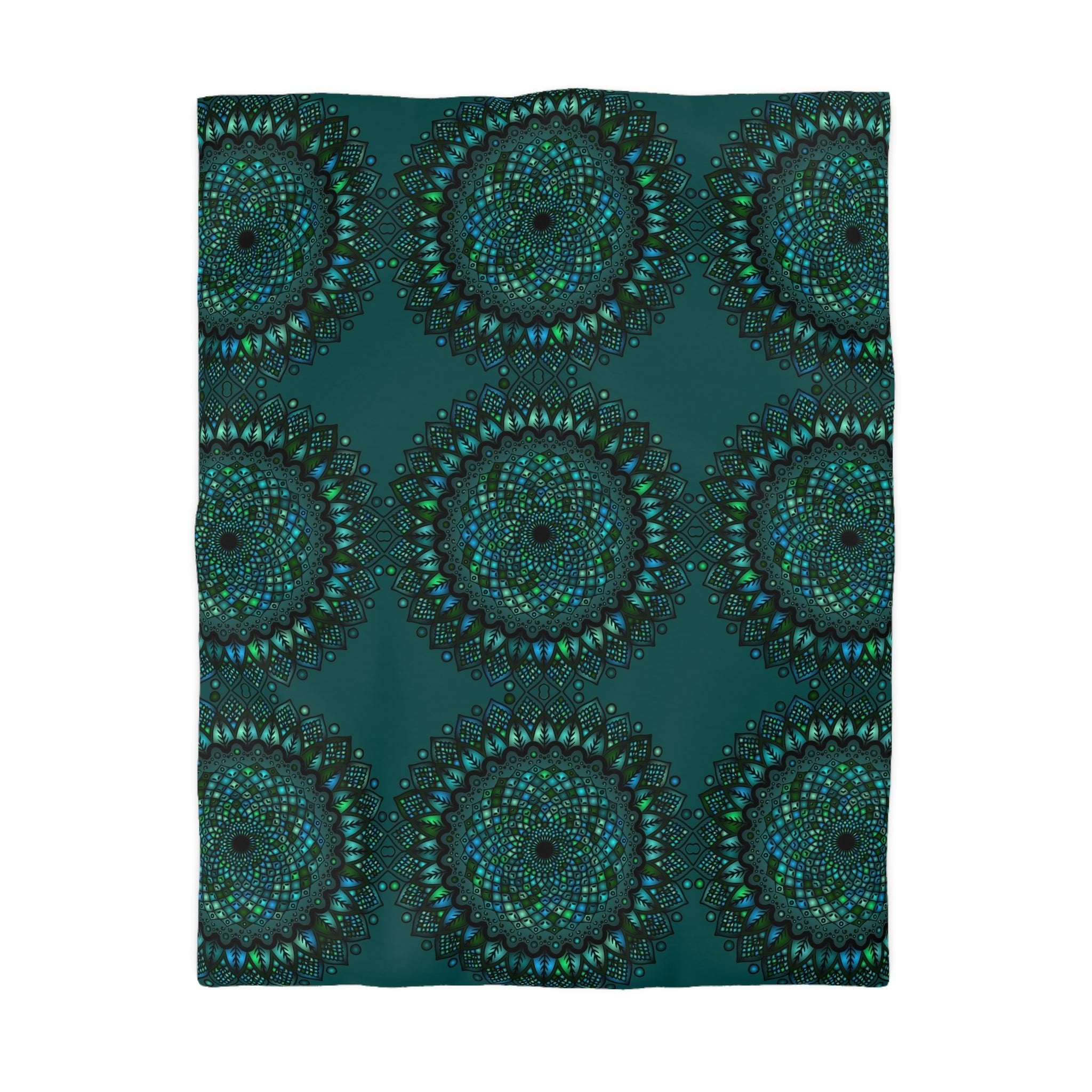 Microfiber Duvet Cover Mandala Art Drawn by Hand - Green Mandala on Dark Petroleum Green background - Blululi