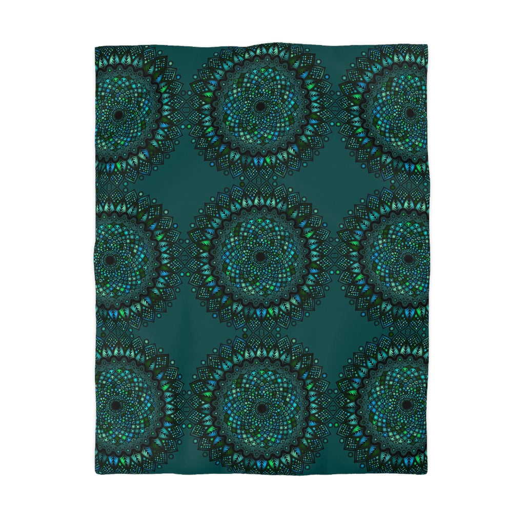 Microfiber Duvet Cover Mandala Art Drawn by Hand - Green Mandala on Dark Petroleum Green background - Blululi