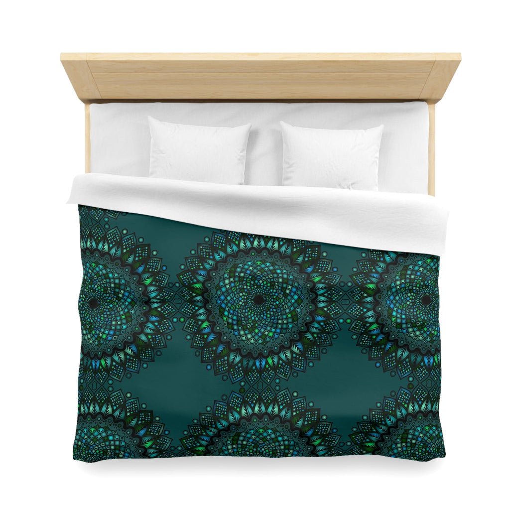 Microfiber Duvet Cover Mandala Art Drawn by Hand - Green Mandala on Dark Petroleum Green background - Blululi