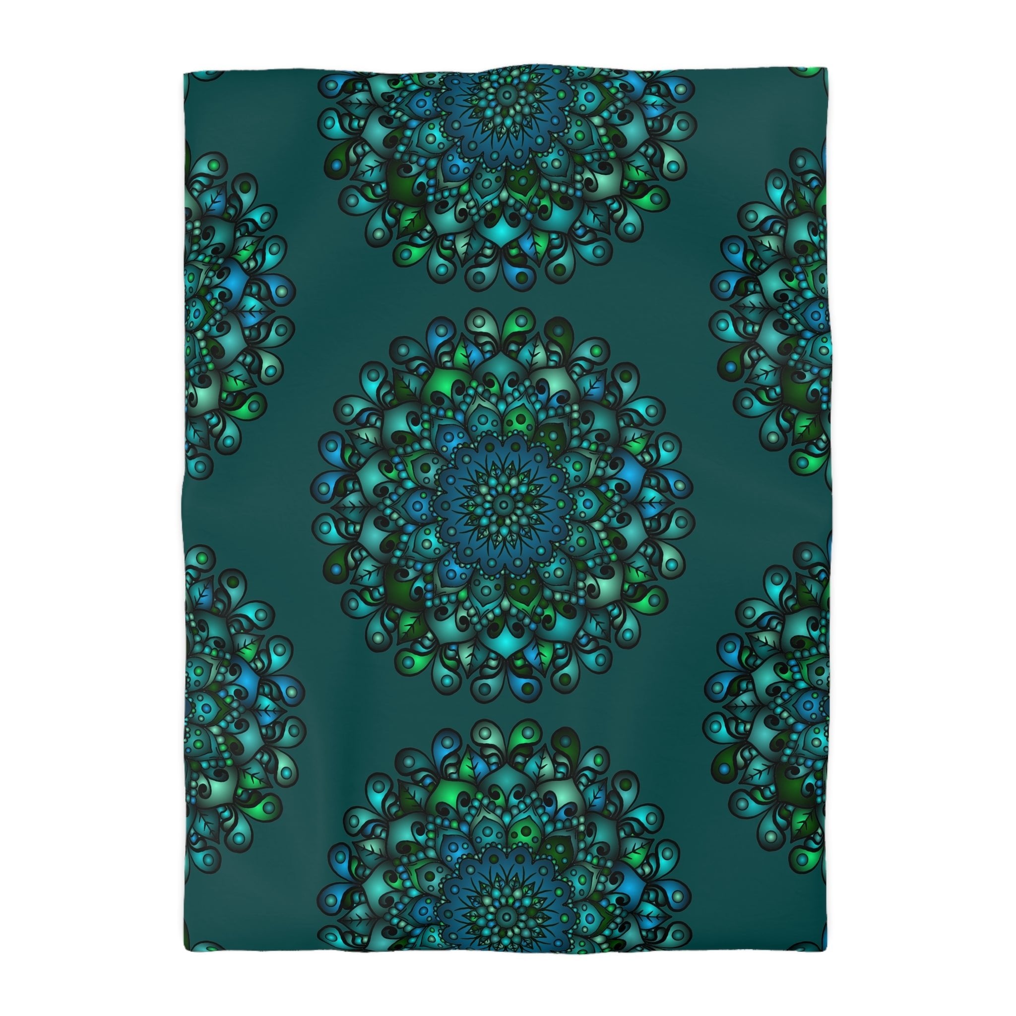 Microfiber Duvet Cover Mandala Art Drawn by Hand - Green Mandala on Dark Petroleum Green background - Blululi