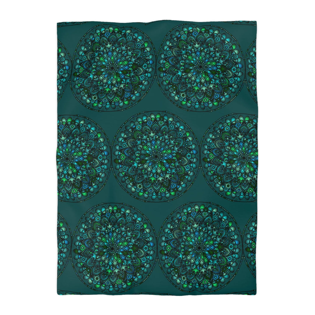 Microfiber Duvet Cover Mandala Art Drawn by Hand - Green Mandala on Dark Petroleum Green background - Blululi