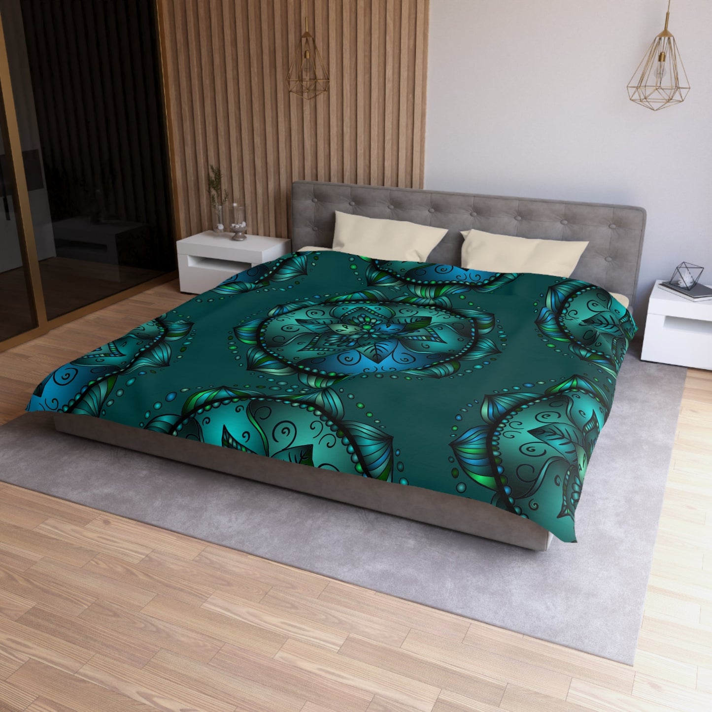 Microfiber Duvet Cover Mandala Art Drawn by Hand - Green Mandala on Dark Petroleum Green background - Blululi