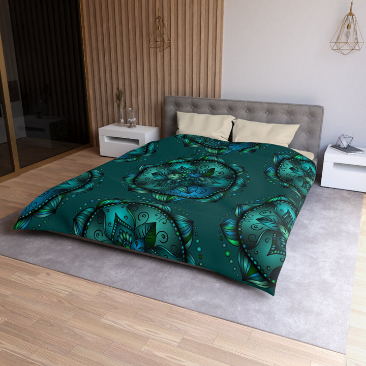 Microfiber Duvet Cover Mandala Art Drawn by Hand - Green Mandala on Dark Petroleum Green background - Blululi