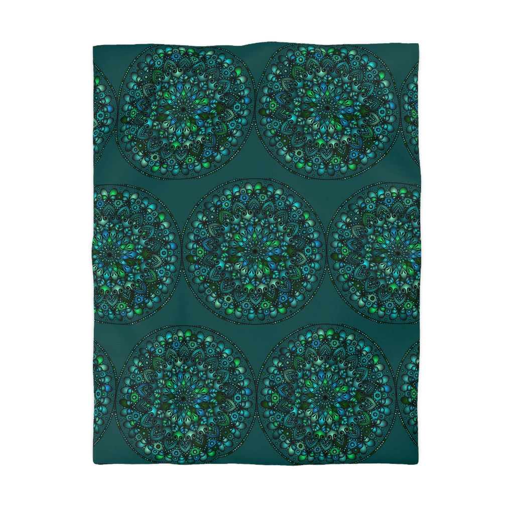 Microfiber Duvet Cover Mandala Art Drawn by Hand - Green Mandala on Dark Petroleum Green background - Blululi