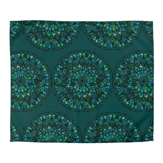 Microfiber Duvet Cover Mandala Art Drawn by Hand - Green Mandala on Dark Petroleum Green background - Blululi