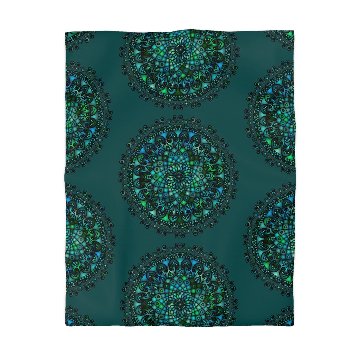 Microfiber Duvet Cover Mandala Art Drawn by Hand - Green Mandala on Dark Petroleum Green background - Blululi