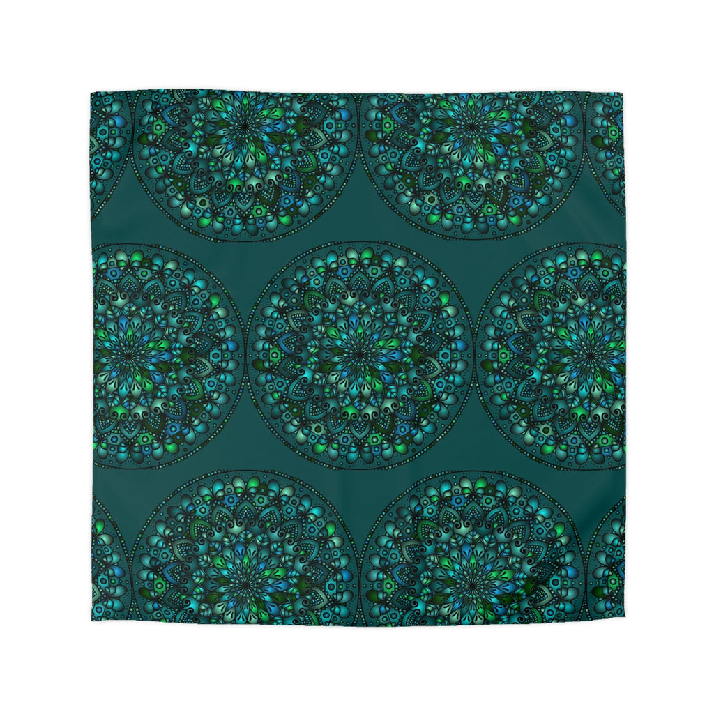 Microfiber Duvet Cover Mandala Art Drawn by Hand - Green Mandala on Dark Petroleum Green background - Blululi