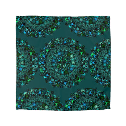 Microfiber Duvet Cover Mandala Art Drawn by Hand - Green Mandala on Dark Petroleum Green background - Blululi