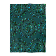Microfiber Duvet Cover Mandala Art Drawn by Hand - Green Mandala on Dark Petroleum Green background - Blululi