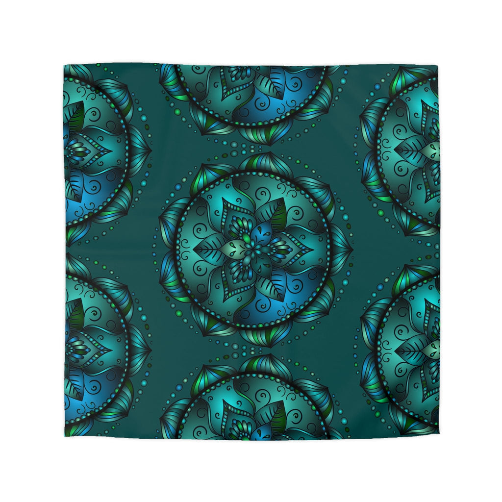 Microfiber Duvet Cover Mandala Art Drawn by Hand - Green Mandala on Dark Petroleum Green background - Blululi