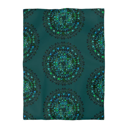 Microfiber Duvet Cover Mandala Art Drawn by Hand - Green Mandala on Dark Petroleum Green background - Blululi