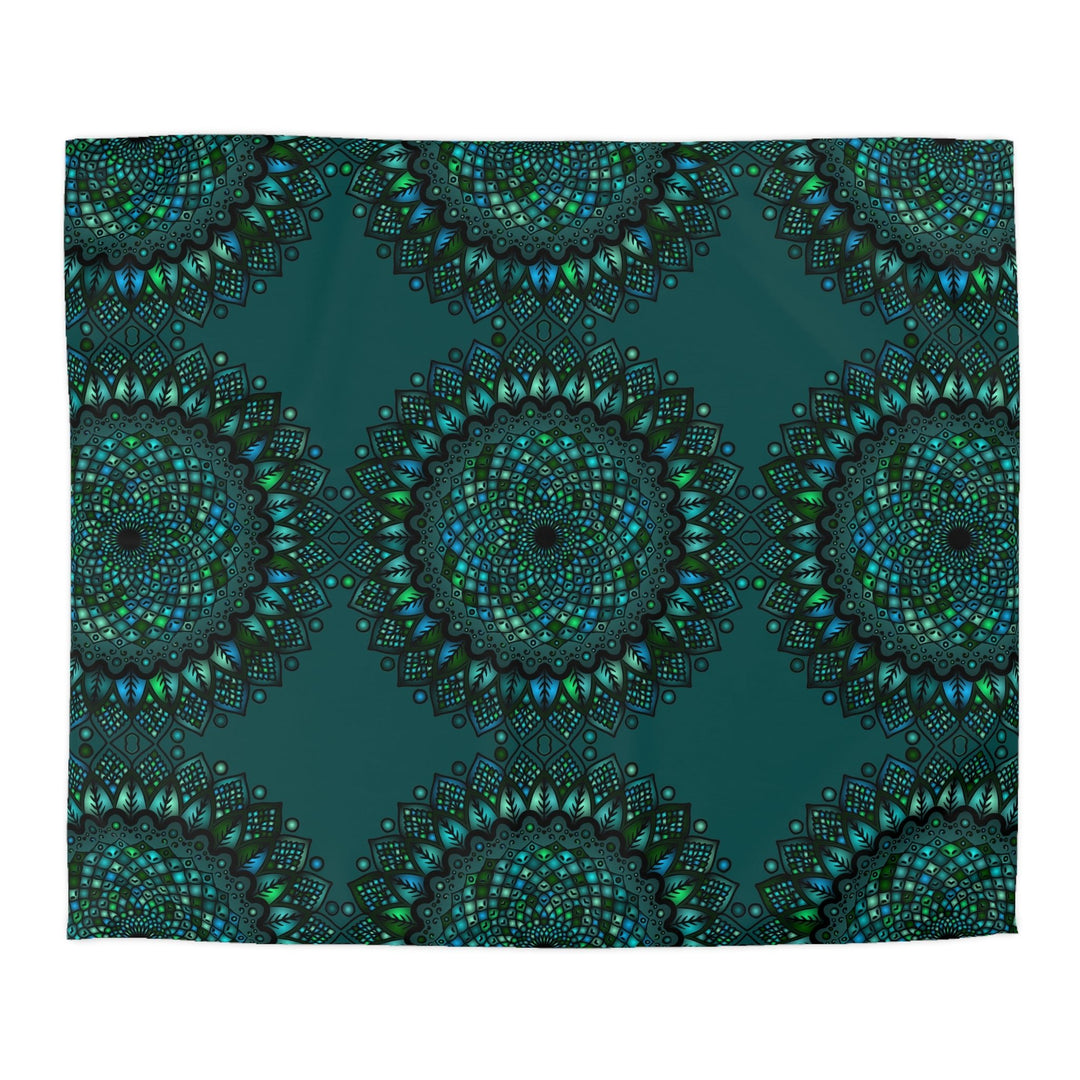 Microfiber Duvet Cover Mandala Art Drawn by Hand - Green Mandala on Dark Petroleum Green background - Blululi