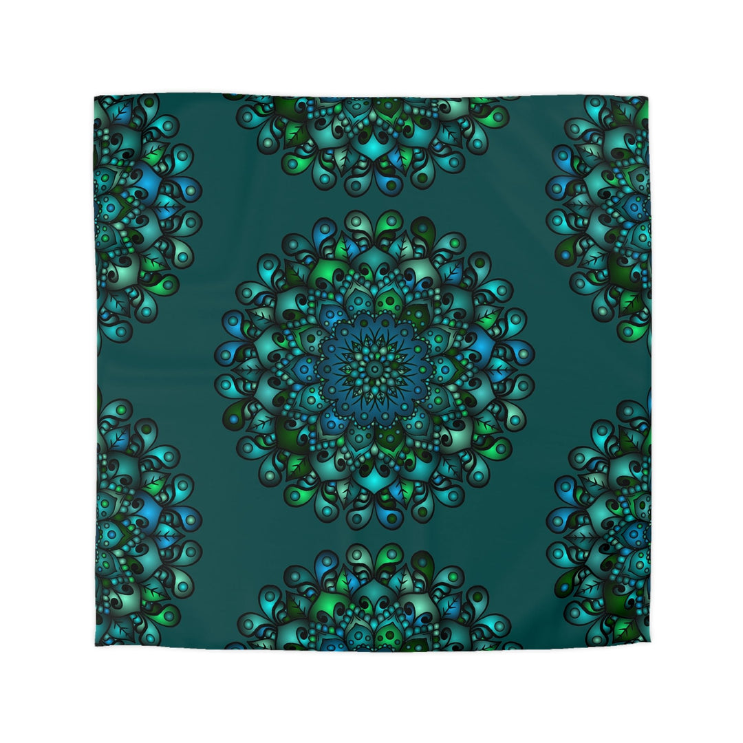 Microfiber Duvet Cover Mandala Art Drawn by Hand - Green Mandala on Dark Petroleum Green background - Blululi