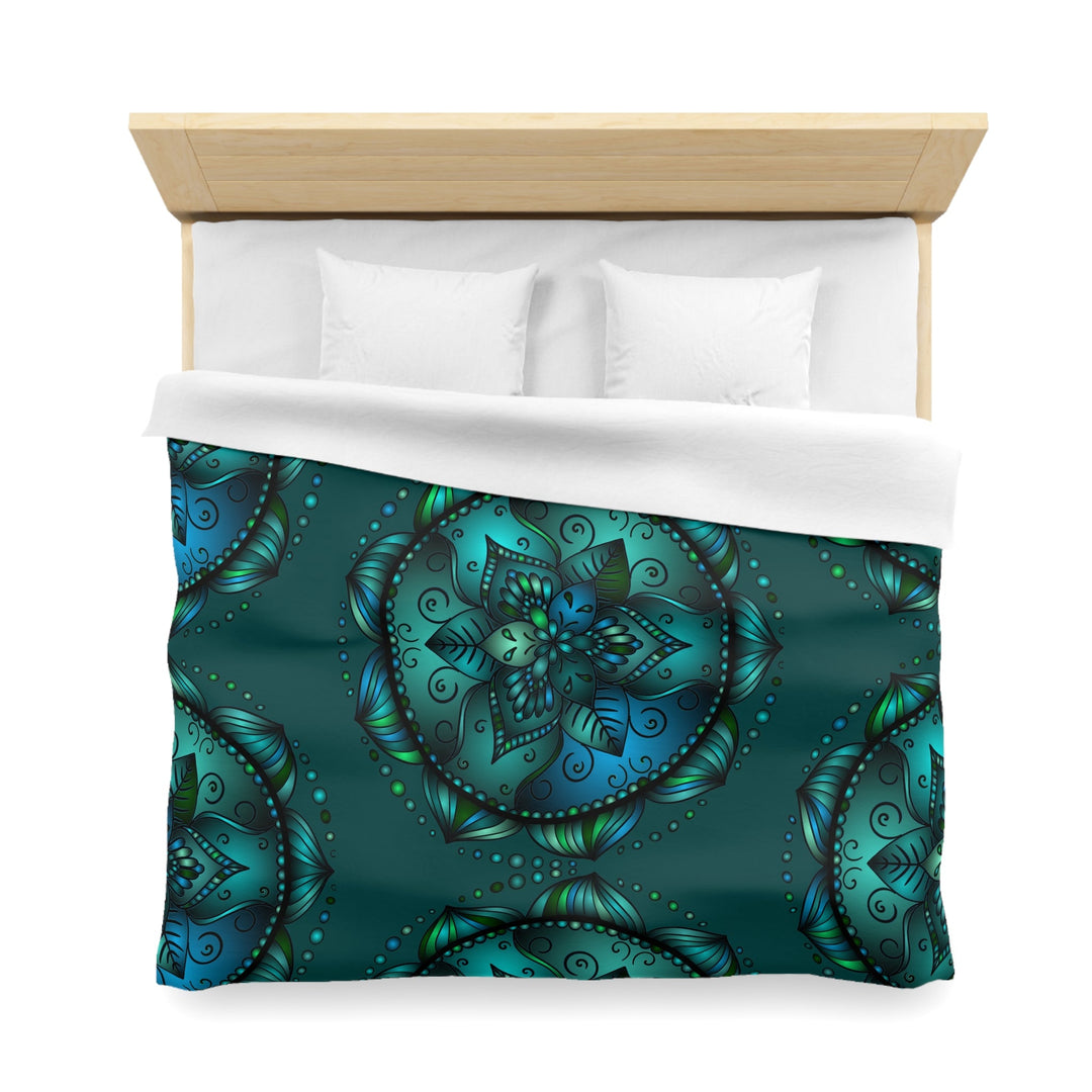 Microfiber Duvet Cover Mandala Art Drawn by Hand - Green Mandala on Dark Petroleum Green background - Blululi