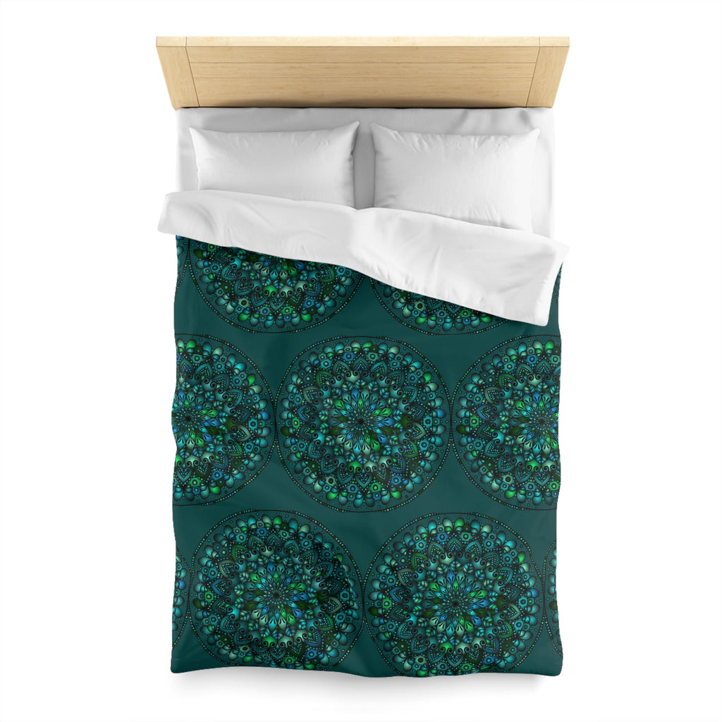 Microfiber Duvet Cover Mandala Art Drawn by Hand - Green Mandala on Dark Petroleum Green background - Blululi