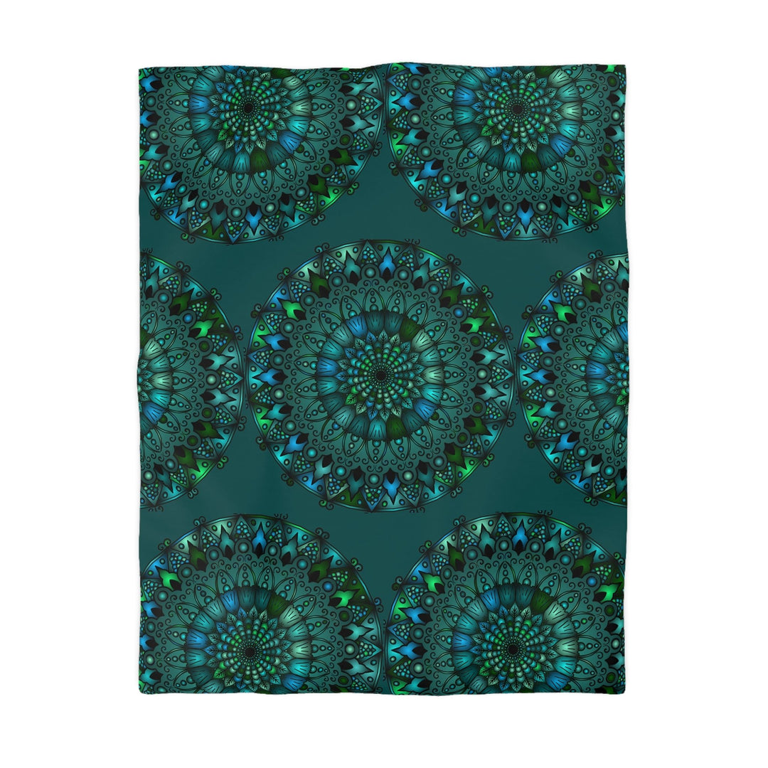 Microfiber Duvet Cover Mandala Art Drawn by Hand - Green Mandala on Dark Petroleum Green background - Blululi