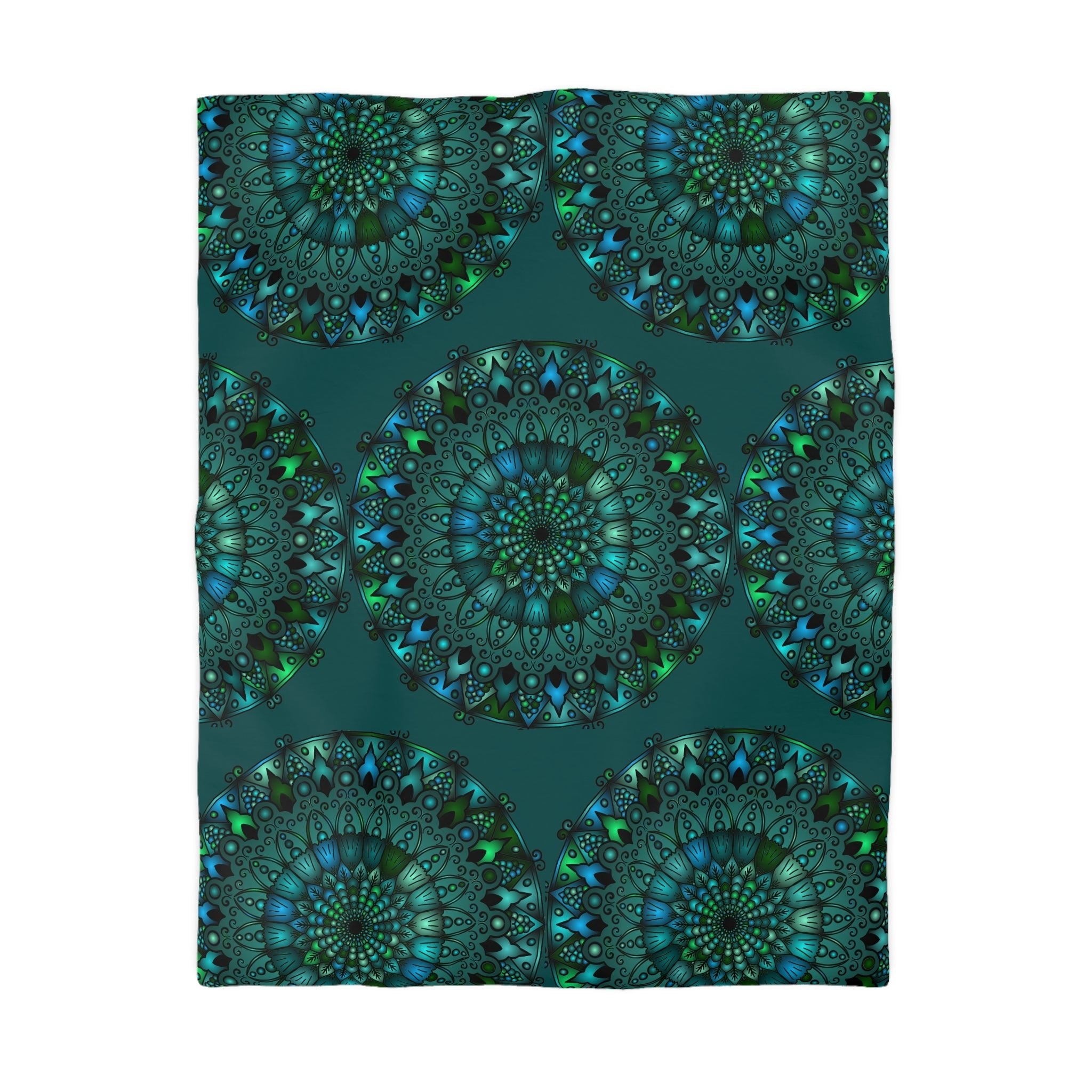 Microfiber Duvet Cover Mandala Art Drawn by Hand - Green Mandala on Dark Petroleum Green background - Blululi