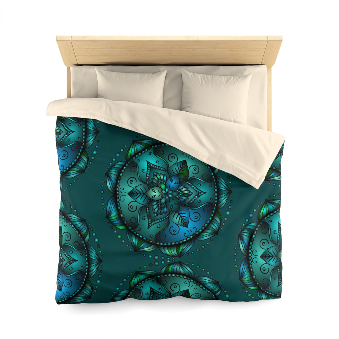 Microfiber Duvet Cover Mandala Art Drawn by Hand - Green Mandala on Dark Petroleum Green background - Blululi