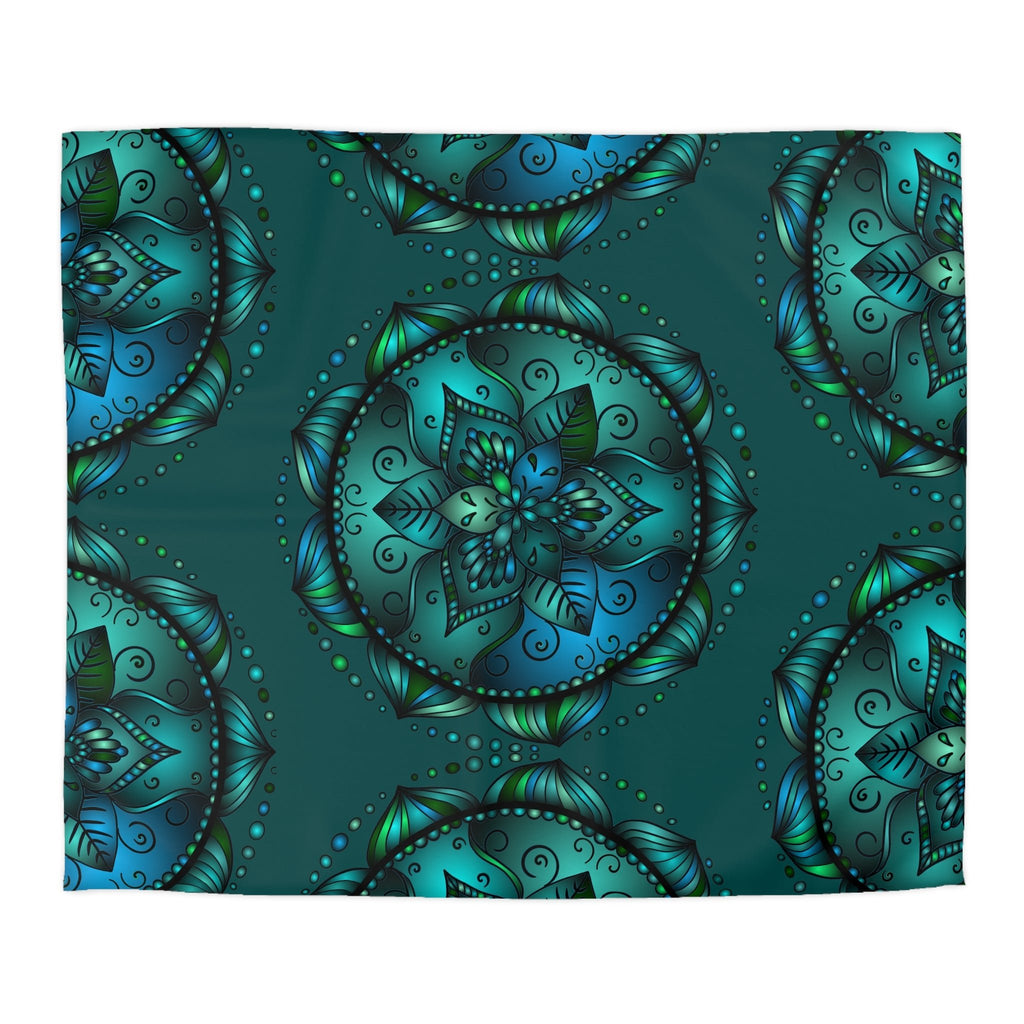 Microfiber Duvet Cover Mandala Art Drawn by Hand - Green Mandala on Dark Petroleum Green background - Blululi