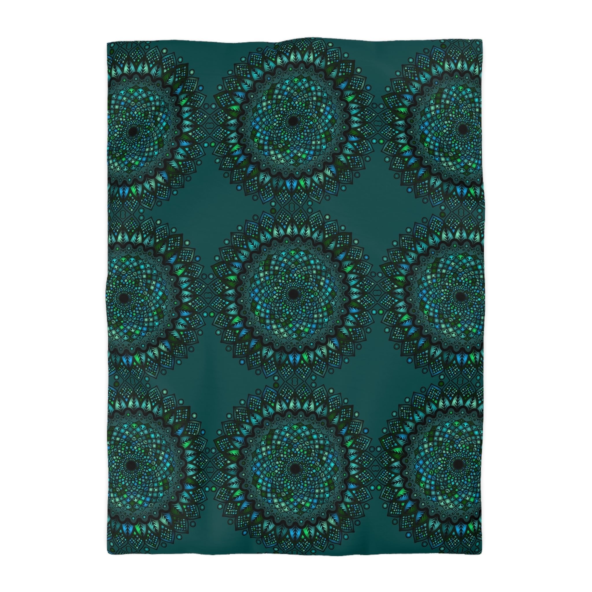 Microfiber Duvet Cover Mandala Art Drawn by Hand - Green Mandala on Dark Petroleum Green background - Blululi