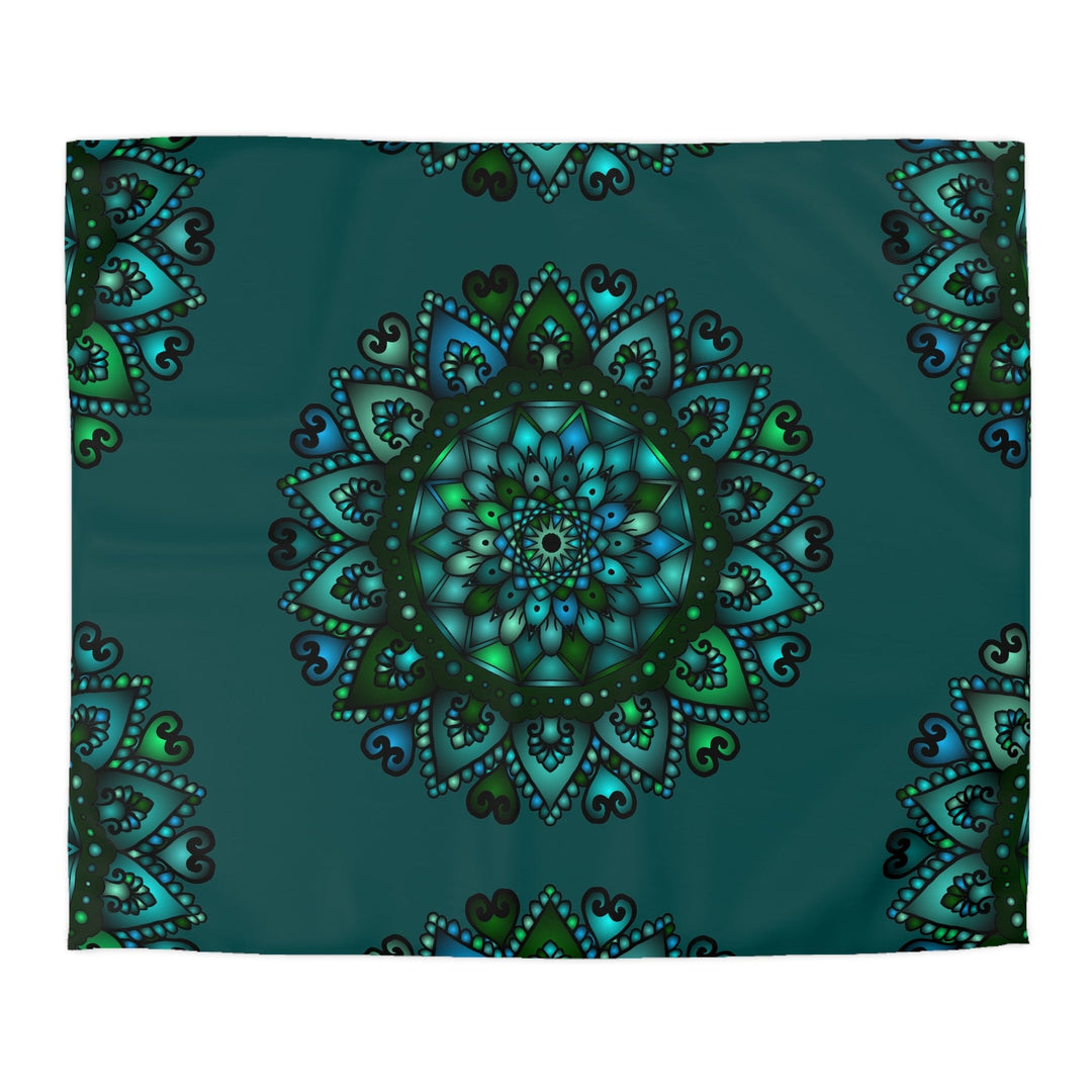 Microfiber Duvet Cover Mandala Art Drawn by Hand - Green Mandala on Dark Petroleum Green background - Blululi